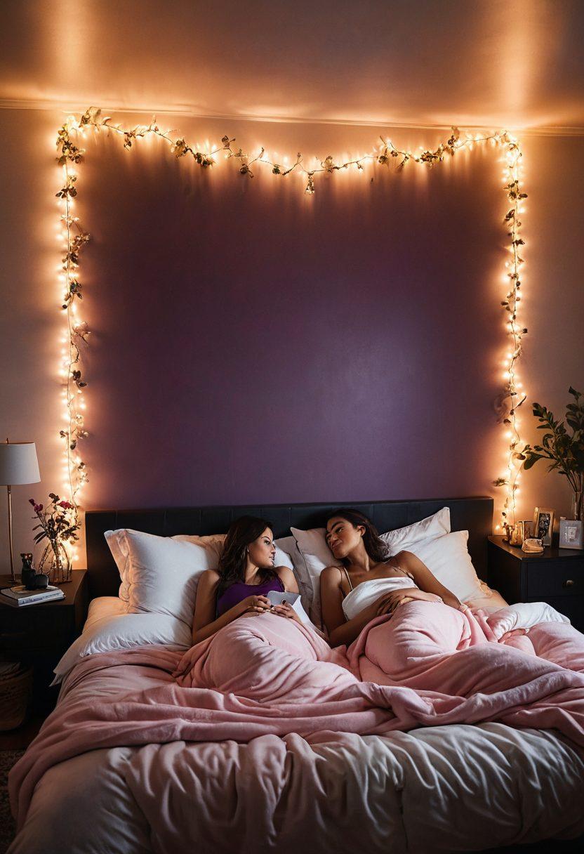 A cozy, dimly lit bedroom featuring a couple comfortably enjoying a streaming session on a large screen, surrounded by soft pillows and ambient fairy lights. In one corner, an artistic voyeuristic lens captures the scene, adding intrigue. The atmosphere is playful and intimate, highlighting a mix of modern technology with romantic aesthetics. The color palette is warm and inviting with hints of purples and pinks. super-realistic. vibrant colors. intimate atmosphere.