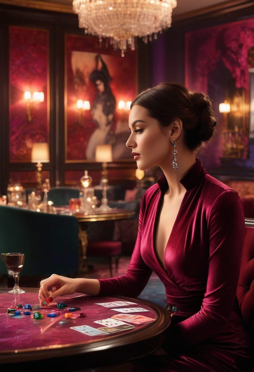 A captivating scene featuring a luxurious, dimly-lit lounge with plush velvet seating and sultry atmosphere. Include subtle hints of adult entertainment, like dice and cards on an elegant table, and an alluring figure in a stylish outfit, embodying confidence and allure. The background should showcase abstract art and soft glowing lights to enhance the mood. Creating an enticing environment that reflects both pleasure and sophistication. vibrant colors. super-realistic.