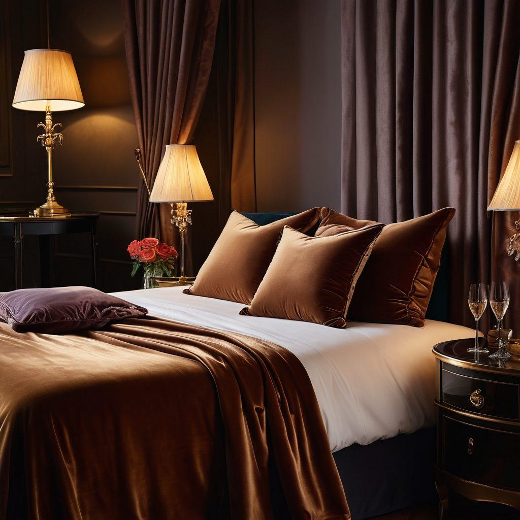 A seductive setting with soft, dim lighting casting shadows on plush velvet cushions and a luxurious bed draped in satin sheets. A pair of playful, elegant hands holding a feathered fan, suggesting intimacy, while a glass of sparkling champagne sits on a nearby table. The ambiance is warm and inviting, evoking feelings of desire and indulgence. The colors are rich and deep, with a hint of mystery. moody lighting. super-realistic. vibrant colors.